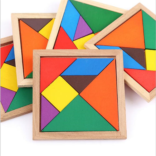 Wooden Tangram 7 Piece Jigsaw Puzzle Colorful Square IQ Game Brain Teaser Intelligent Educational Toys for Kids